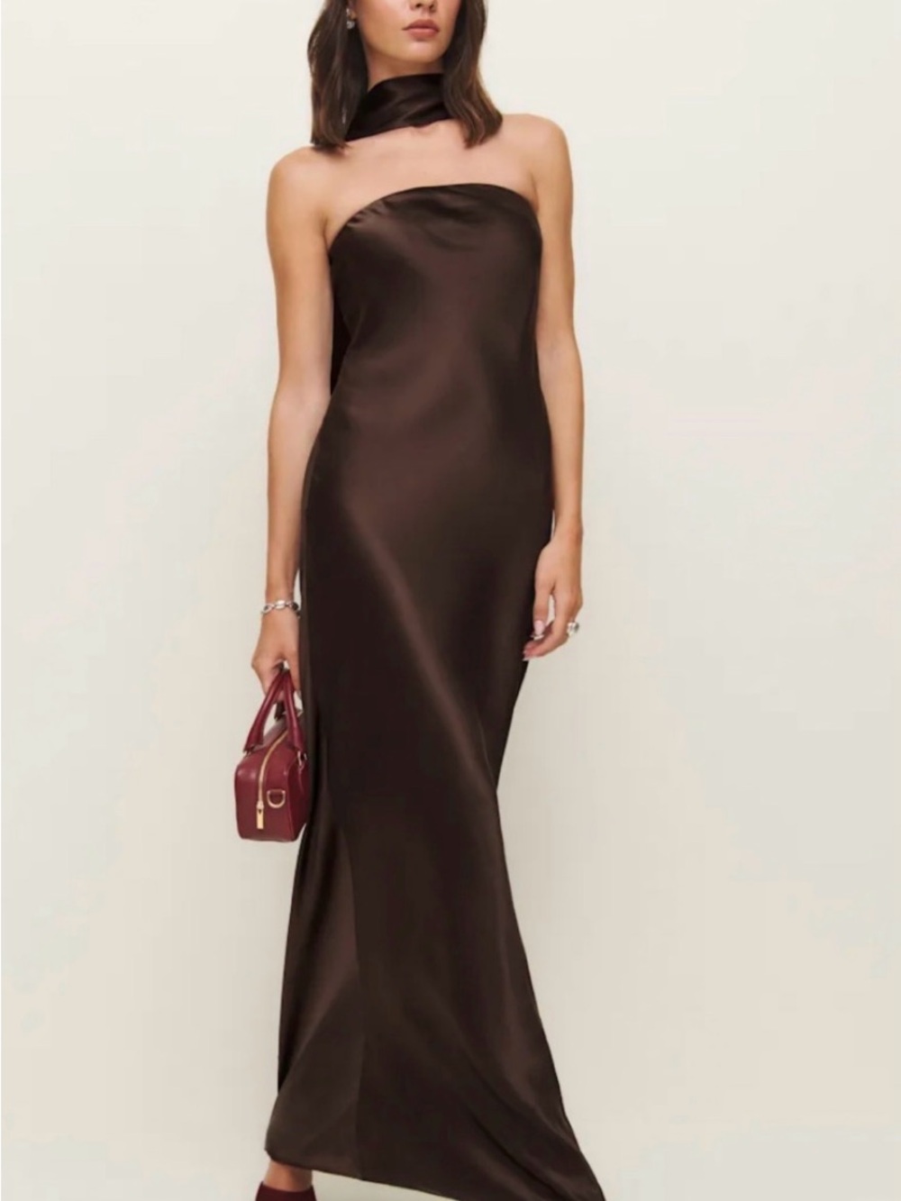 Reformation Chocolate Brown Strapless Satin Maxi Dress